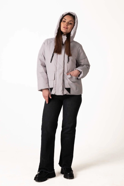 Женский светло-серый биопуховик с капюшоном-6