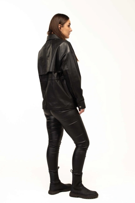 Жіноча шкіряна куртка-тренч чорна-7
