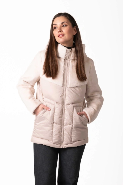 Зимний биопуховик с экомехом молочного цвета-4