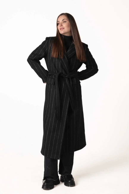 Жіноче класичне пальто чорне з білою смужкою-8