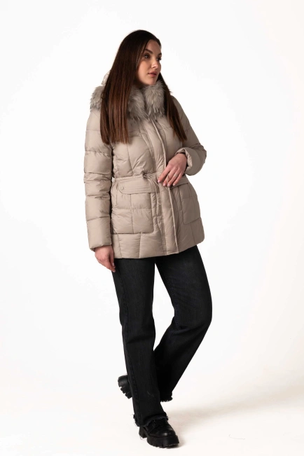 Серый биопуховик с отстегивающимся капюшоном-7
