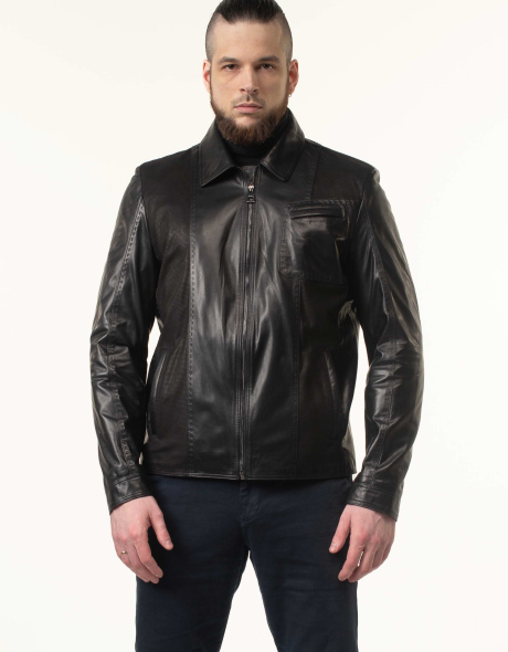 Мужская кожаная куртка черная с нагрудным карманом