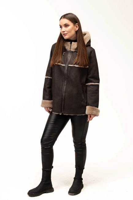 Жіноча кавова дублянка з теплим капюшоном-3