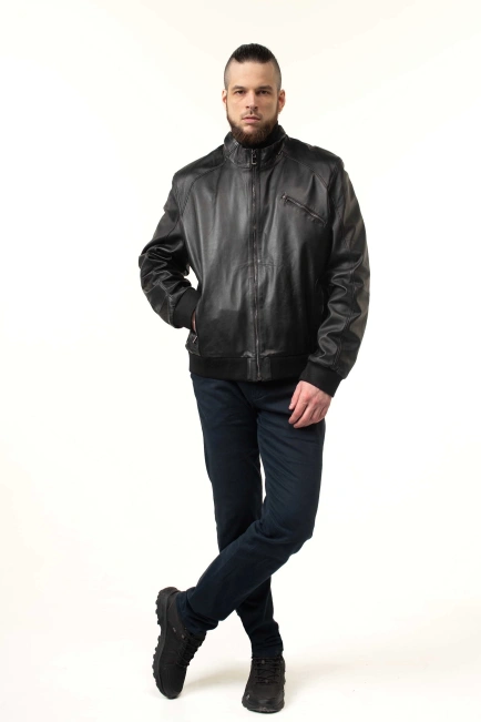 Чоловіча шкіряна куртка-бомбер з кишенями-8
