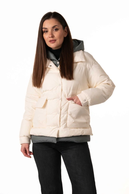 Молочный биопуховик с воротником и капюшоном-1
