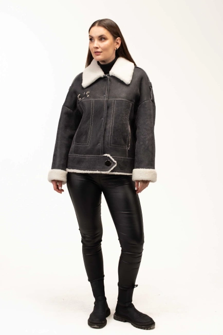Жіноча сіра дублянка з комірцем з овчини-7