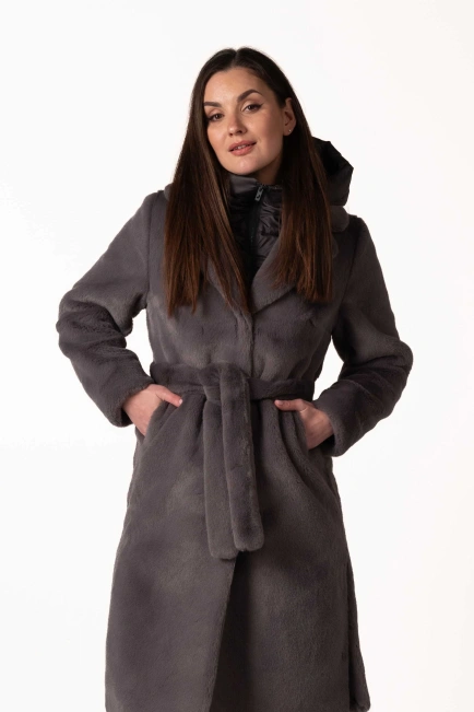Шуба из экомеха тёмно-серого цвета с воротником-1