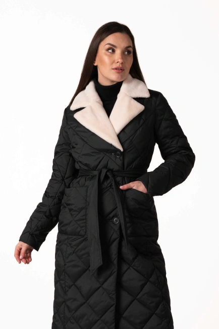 Черный биопуховик с английским воротником и поясом-6