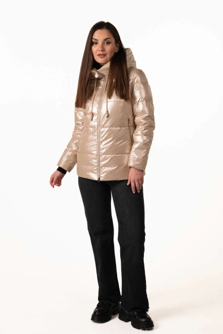 Бежевый биопуховик с капюшоном для зимы-8