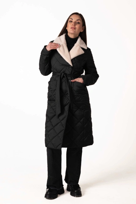 Черный биопуховик с английским воротником и поясом-3
