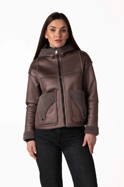 Женская эко-дублёнка лилово-коричневого цвета-1