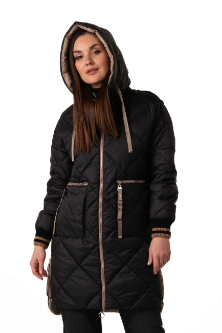Женский черный биопуховик с бежевыми акцентами-4