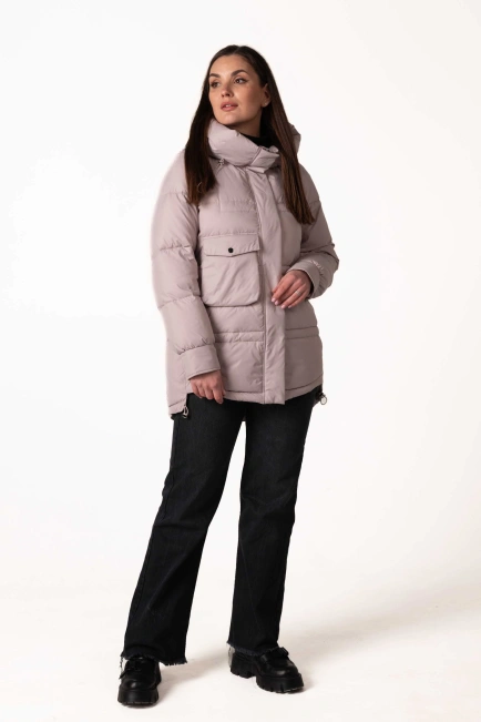 Пудровый биопуховик с капюшоном и кулисками-7