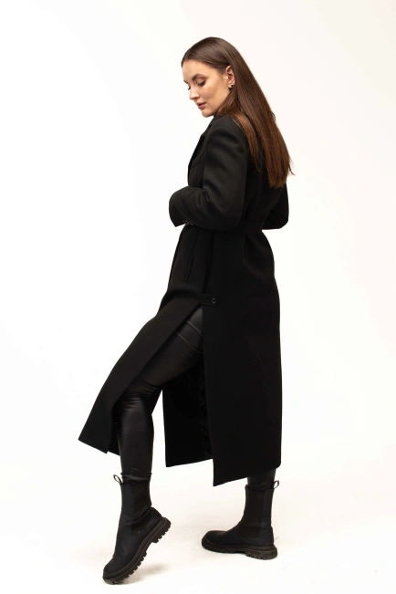 Жіноче пальто чорне з поясом довге-5
