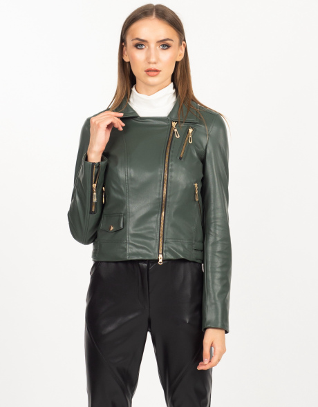 Жіноча куртка із еко-шкіри темно-зеленого кольору