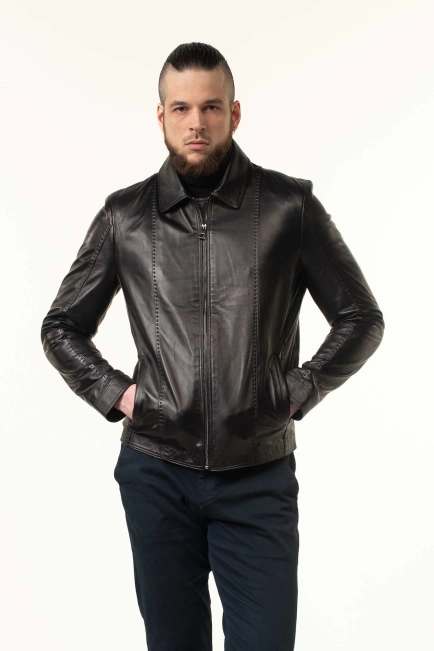 Шкіряна куртка чоловіча коричнева з комірцем-4