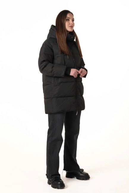Женский чёрный биопуховик со съёмным капюшоном-7