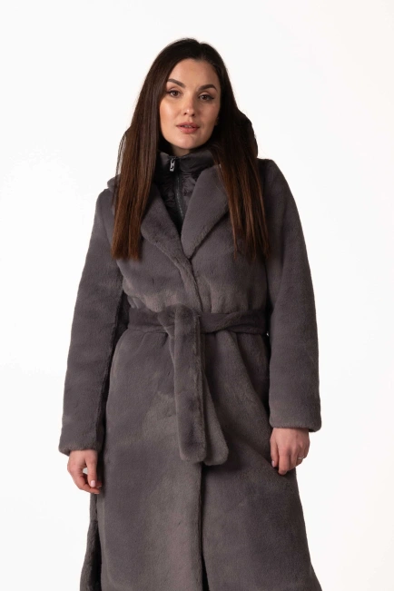 Шуба из экомеха тёмно-серого цвета с воротником-4