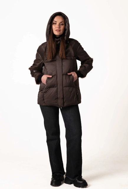 Биопуховик с кожаными и меховыми вставками-3