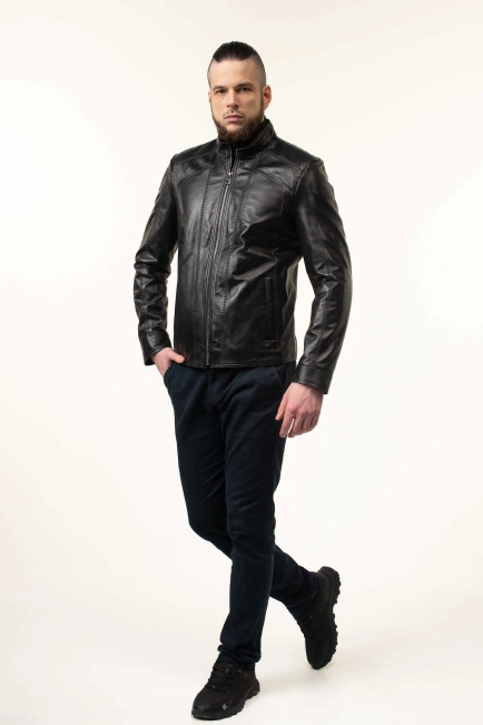 Чорна шкіряна куртка чоловіча з прострочками-5