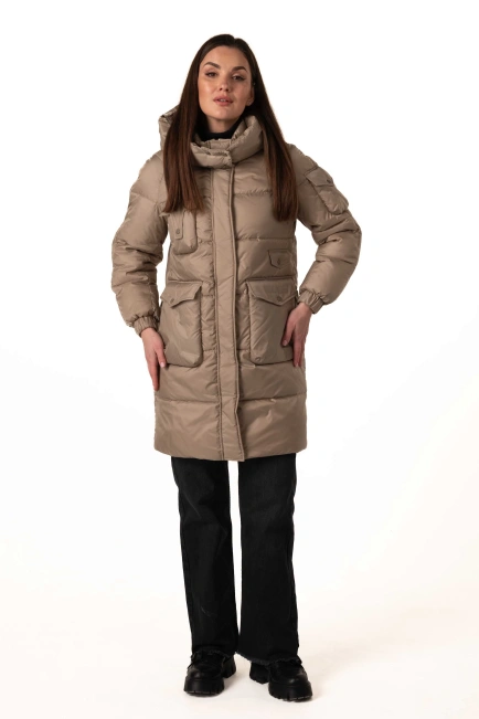 Бежевый биопуховик с декором на рукаве-9