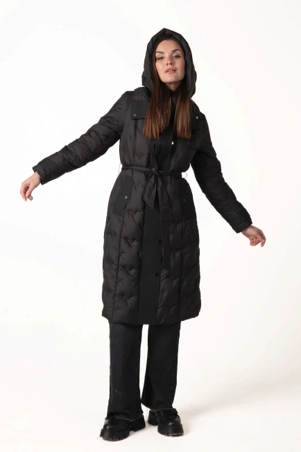 Пуховик з натуральним пухом, капюшоном та поясом-6