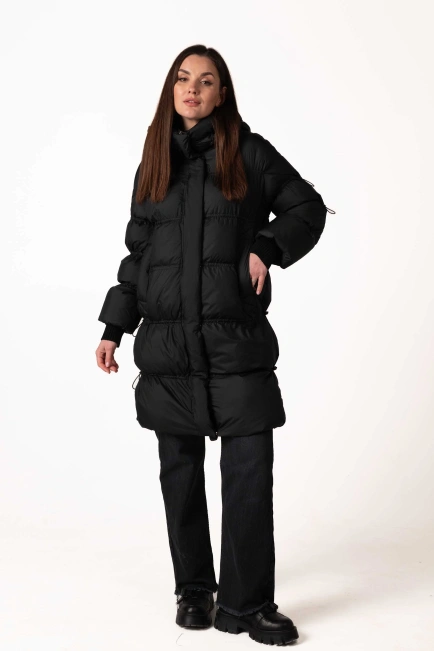 Чорний біопуховик з кулісками та капюшоном-3