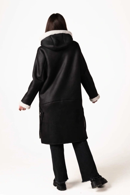 Женская чёрная экодублёнка с белым эко-мехом-2