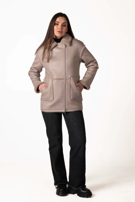 Женская экомеховая дублёнка пудрового цвета-3
