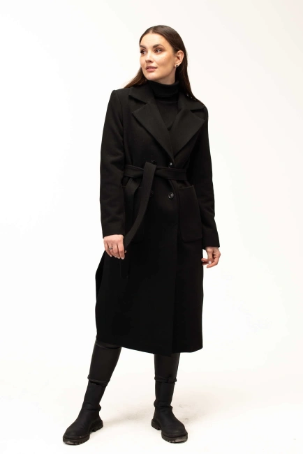 Жіноче пальто чорне під пояс довге-3