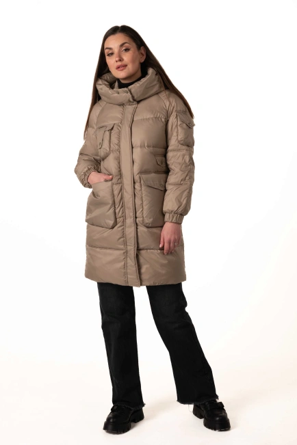 Бежевый биопуховик с декором на рукаве-6