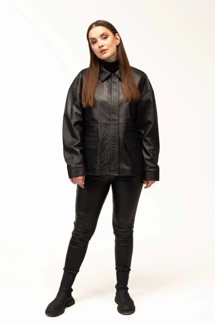 Жіноча шкіряна куртка-тренч чорна-10