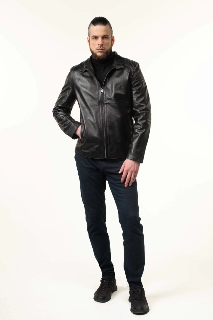 Мужская кожаная куртка черная гладкая-7