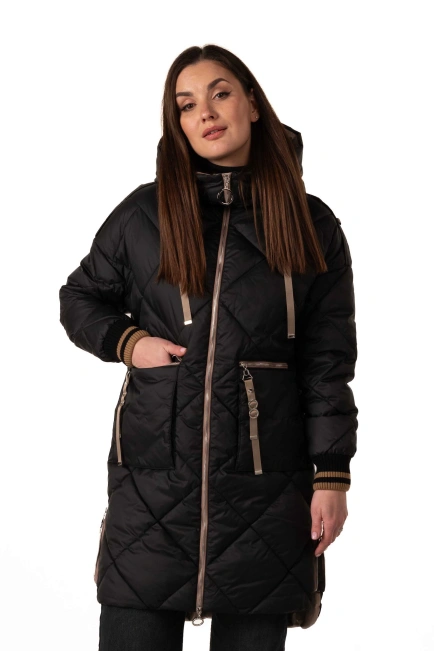 Женский черный биопуховик с бежевыми акцентами-1