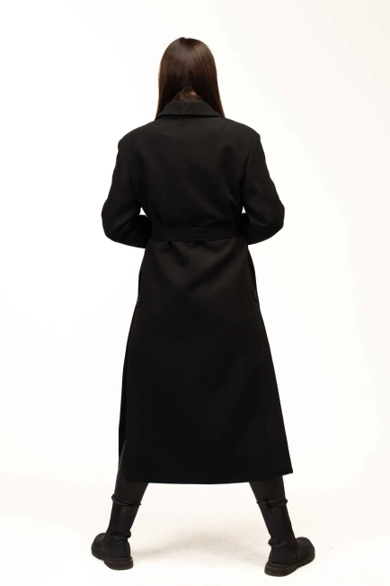 Жіноче пальто чорне з поясом довге-2