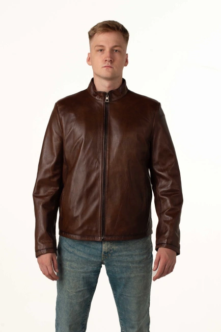 Чоловіча шкіряна куртка пряма коричнева-1