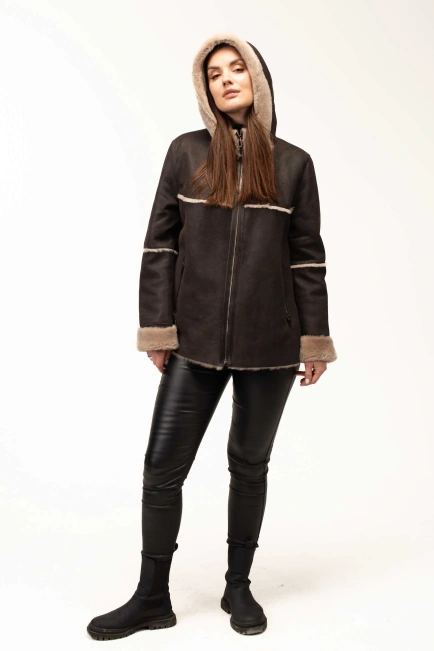 Жіноча кавова дублянка з теплим капюшоном-6