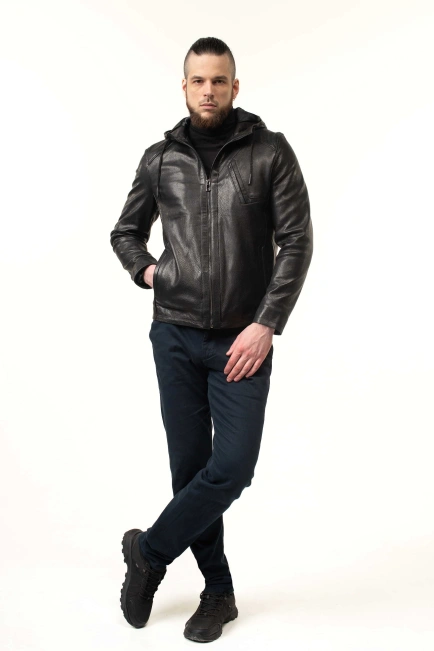 Чоловіча куртка зі шкіри з капюшоном-3