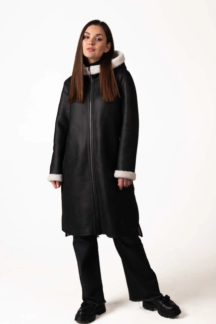Женская чёрная экодублёнка с белым эко-мехом-3