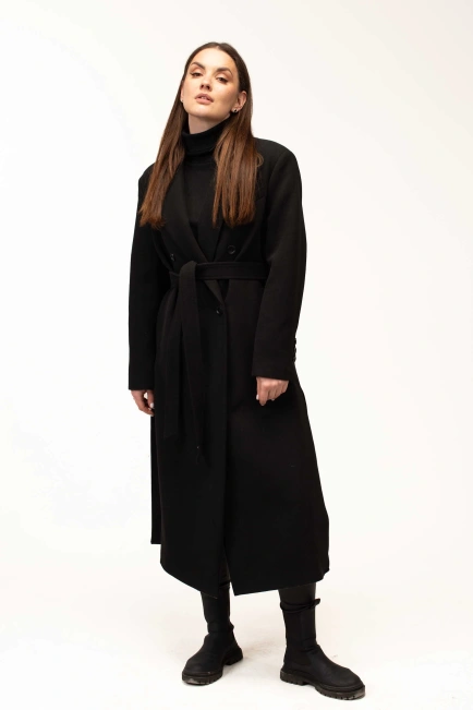 Жіноче пальто чорне з поясом довге-6