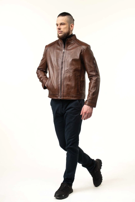 ожаная куртка коричневого цвета с прострочкой-5