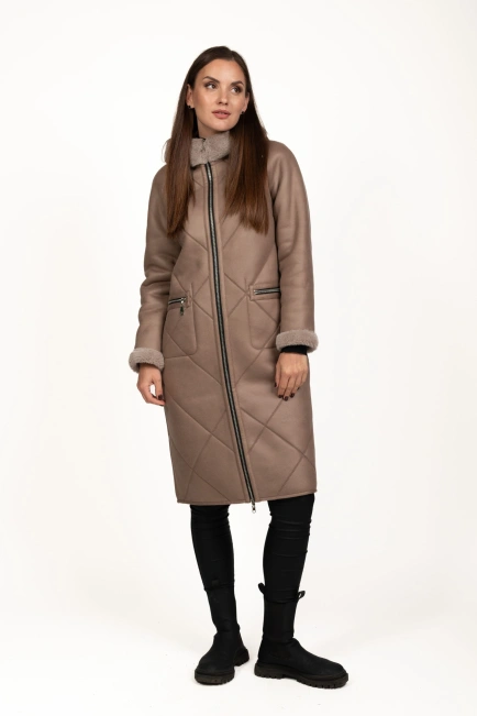 Жіноча штучна дублянка кавового кольору-4