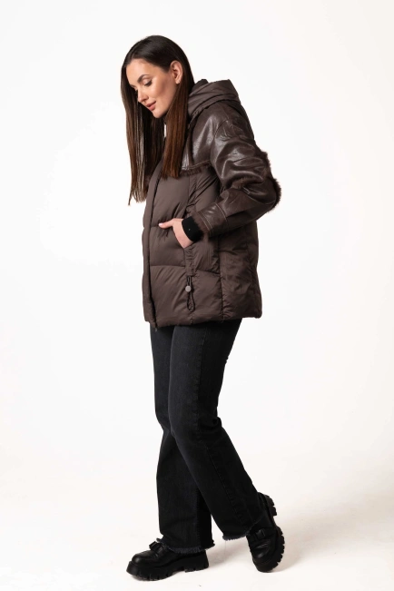 Биопуховик с кожаными и меховыми вставками-5