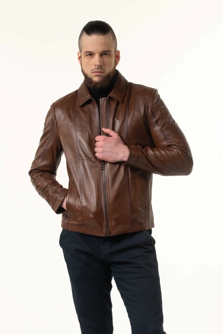 Світло-коричнева шкіряна куртка чоловіча-9