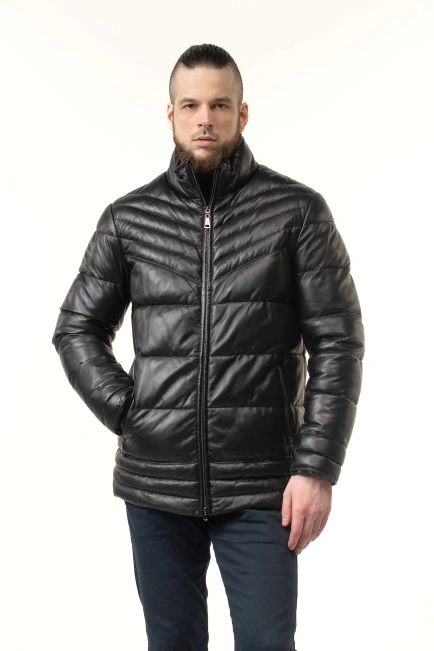 Чоловічий шкіряний біопуховик чорний-1