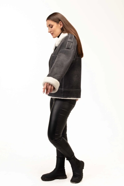 Жіноча сіра дублянка з комірцем з овчини-5