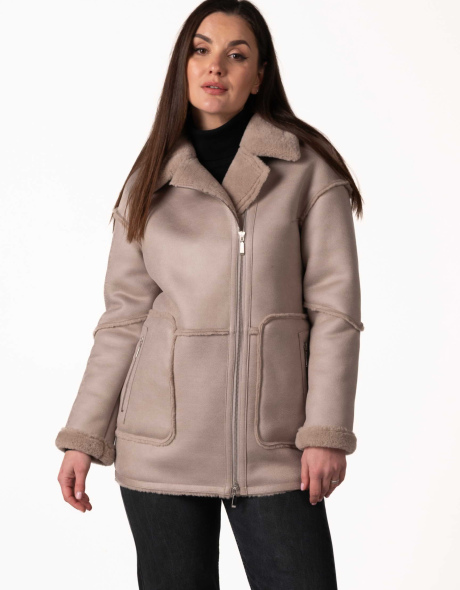 Женская экомеховая дублёнка пудрового цвета
