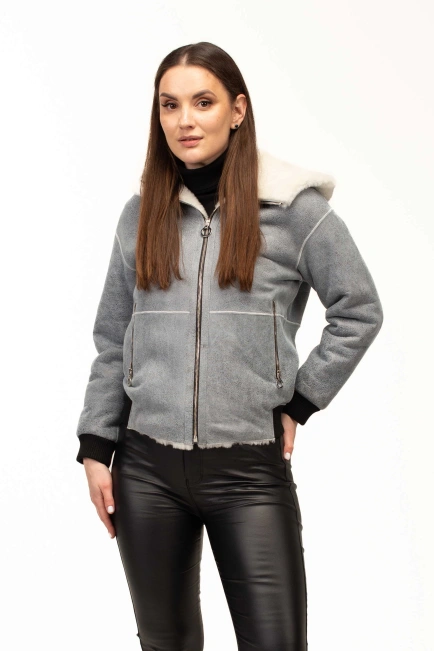 Жіноча сіра дублянка з капюшоном-1