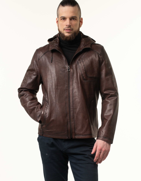 Мужская коричневая кожаная куртка с капюшоном