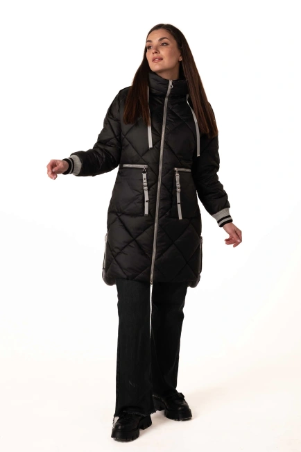 Женский зимний биопуховик черный с серым-3